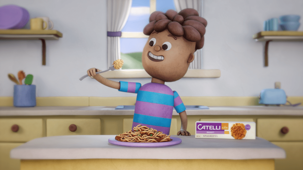 Animated character eating Catelli Pasta